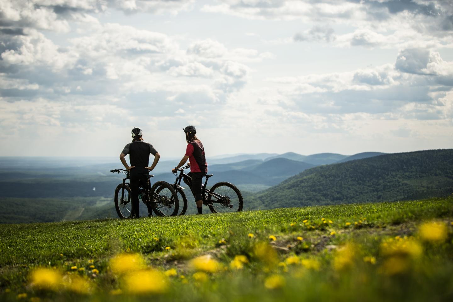 Deux cyclistes sur une colline verdoyante avec vue panoramique.