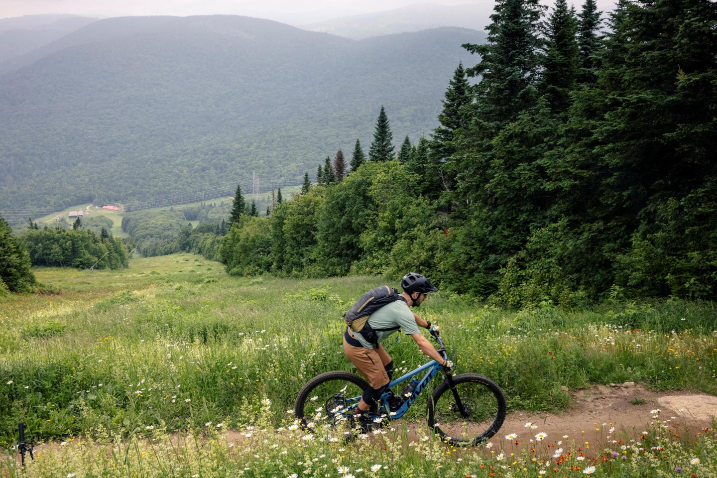 Cycliste en montagne sur un chemin forestier, entouré d'arbres et de collines verdoyantes.