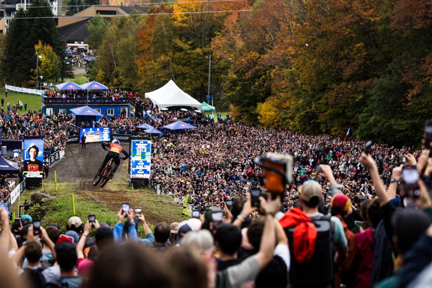 Cycliste descendant une piste, foule dense, arbres aux couleurs automnales. Photographie.
