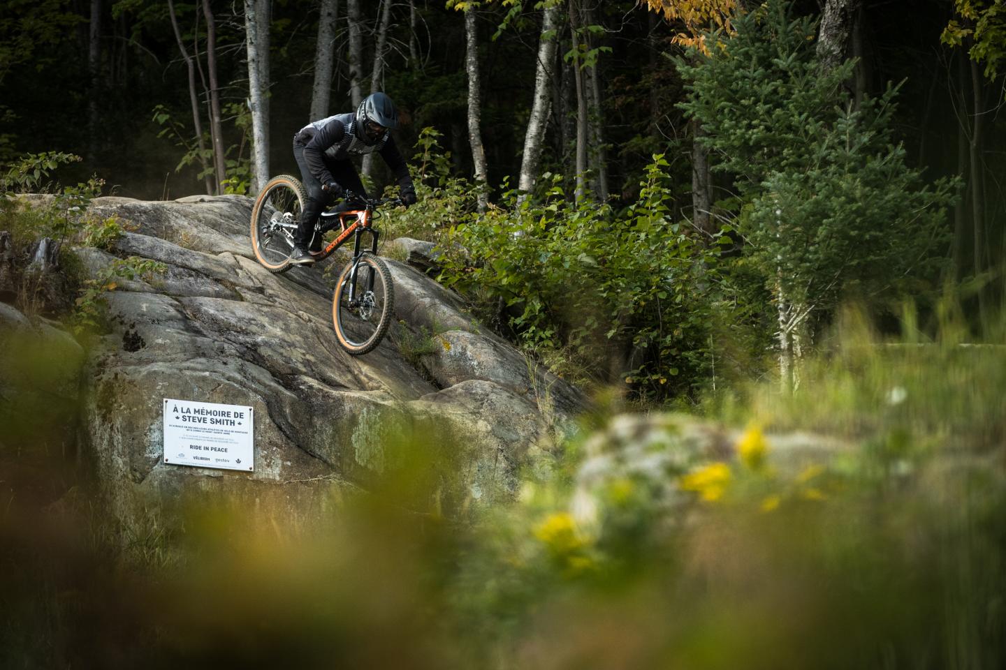 Cycliste en descente sur un sentier rocheux en forêt.